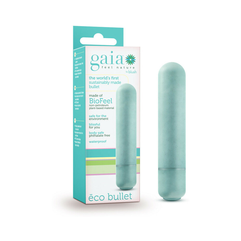 Gaia Eco Bullet Single-Speed Vibrator Aqua Blush Gaia Eco Bullet aqua vibrator beside matching Gaia Eco Bullet retail package