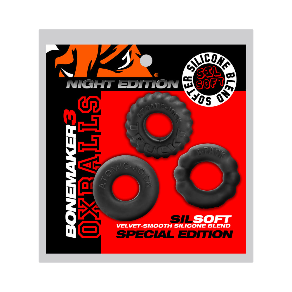 Oxballs Bonemaker 3-Pack Boner Cockring Kit Special Edition Night Oxballs Bonemaker Night black silicone cock ring three-pack
