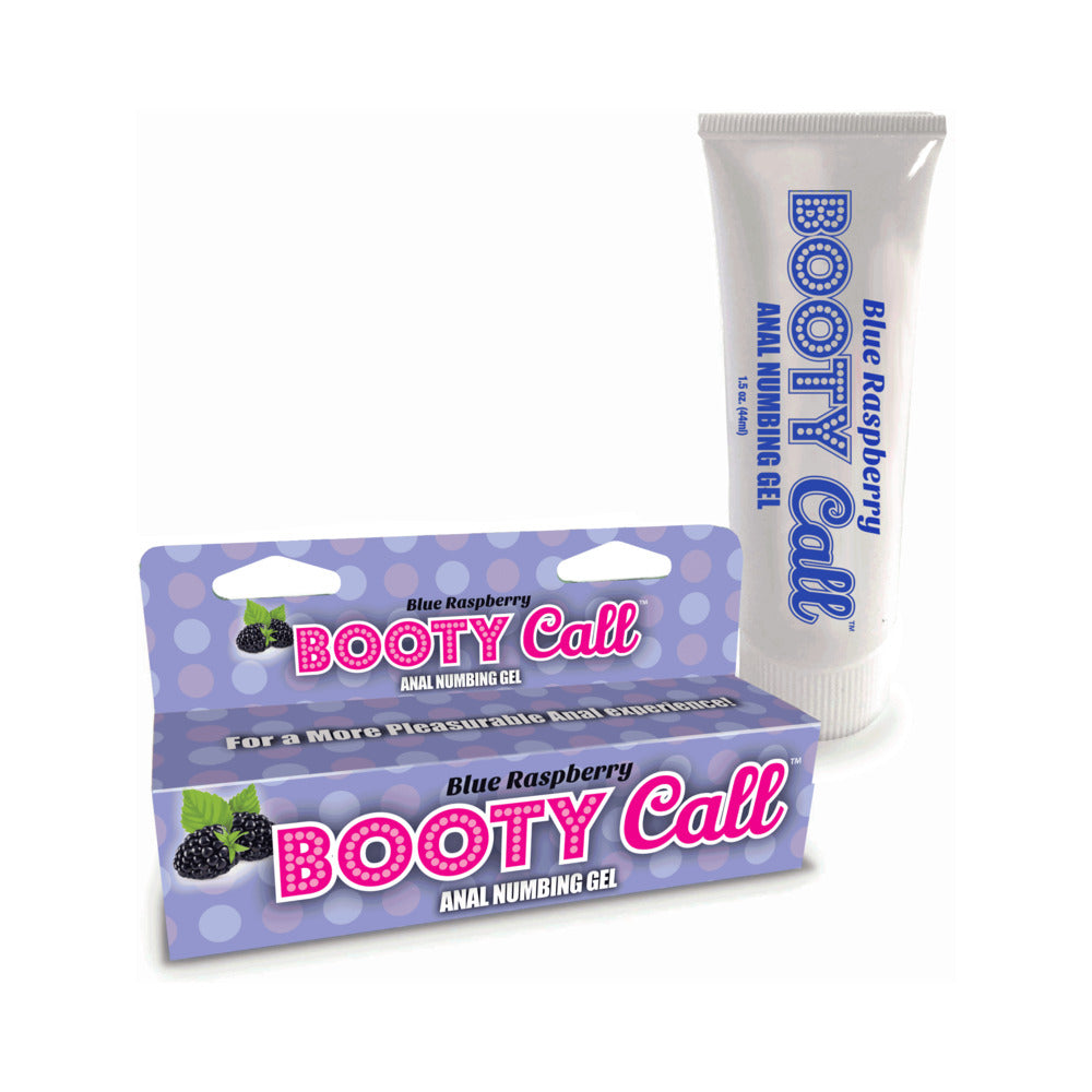 Booty Call Anal Numbing Gel Blue Raspberry 1.5 oz. Booty Call Blue Raspberry gel tube beside purple and blue carton