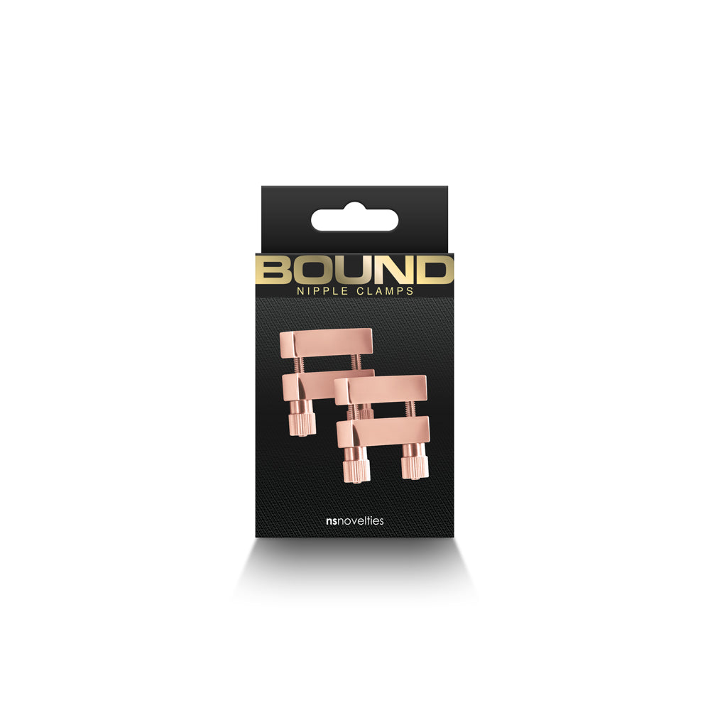 Bound Nipple Clamps V1 Rose Gold NS Novelties Bound V1 rose gold bar nipple clamps front retail package
