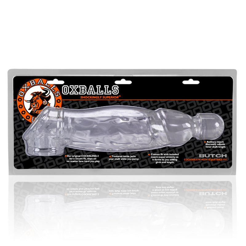 OxBalls Butch Cocksheath Clear Clear OxBalls Butch textured cocksheath in black-and-orange hanging package