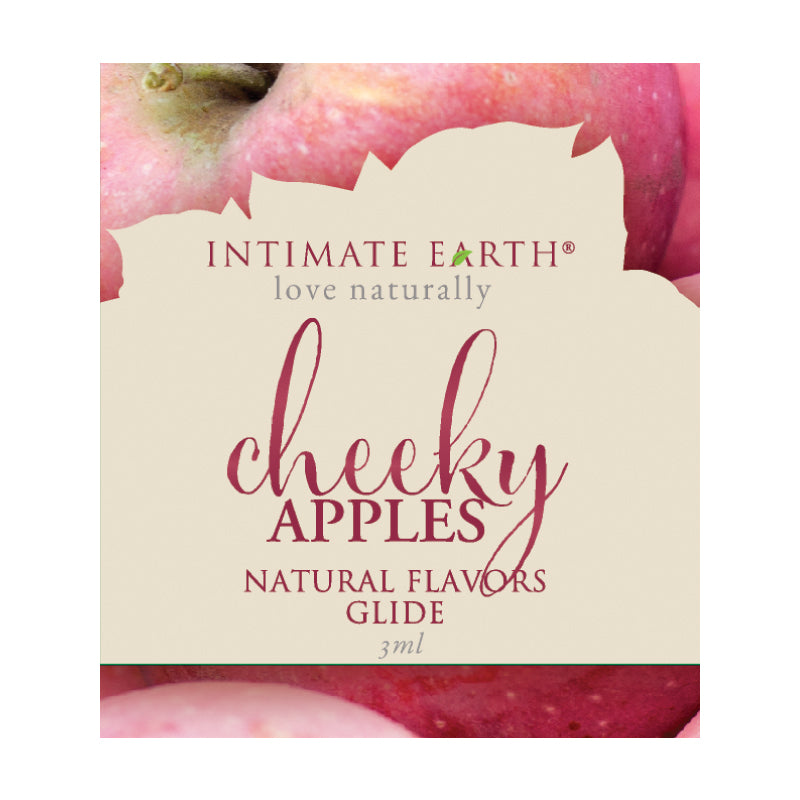 Intimate Earth Cheeky Apples 3 ml/0.10 oz Foils Intimate Earth Cheeky Apples 3 ml foil packet with apple imagery, cream panel and burgundy lettering