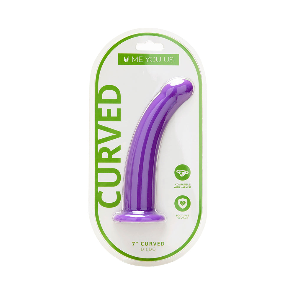 Me You Us 7 in. Curved Silicone Dildo Purple glossy purple Me You Us seven-inch curved silicone dildo with flared base in package