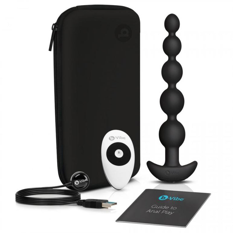 b-Vibe Cinco Rechargeable Remote-Controlled Vibrating Anal Beads Plug Black Black b-Vibe Cinco five-bead plug with remote, cable, pouch and booklet