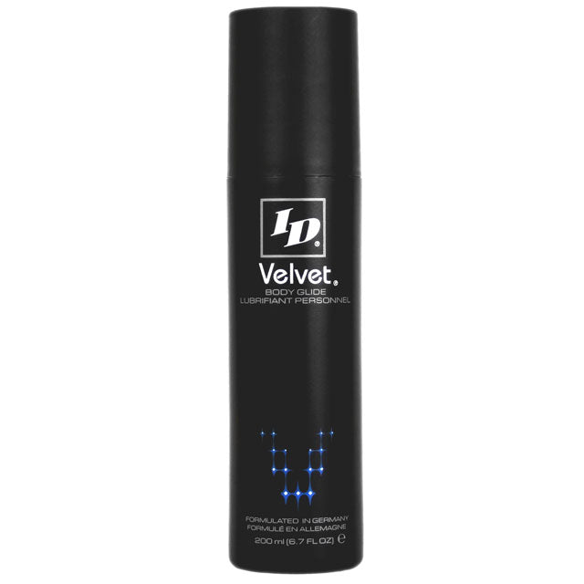 ID Velvet Silicone Lubricant 200 ml (6.7 fl oz) Large matte-black 6.7 oz ID Velvet silicone lubricant bottle
