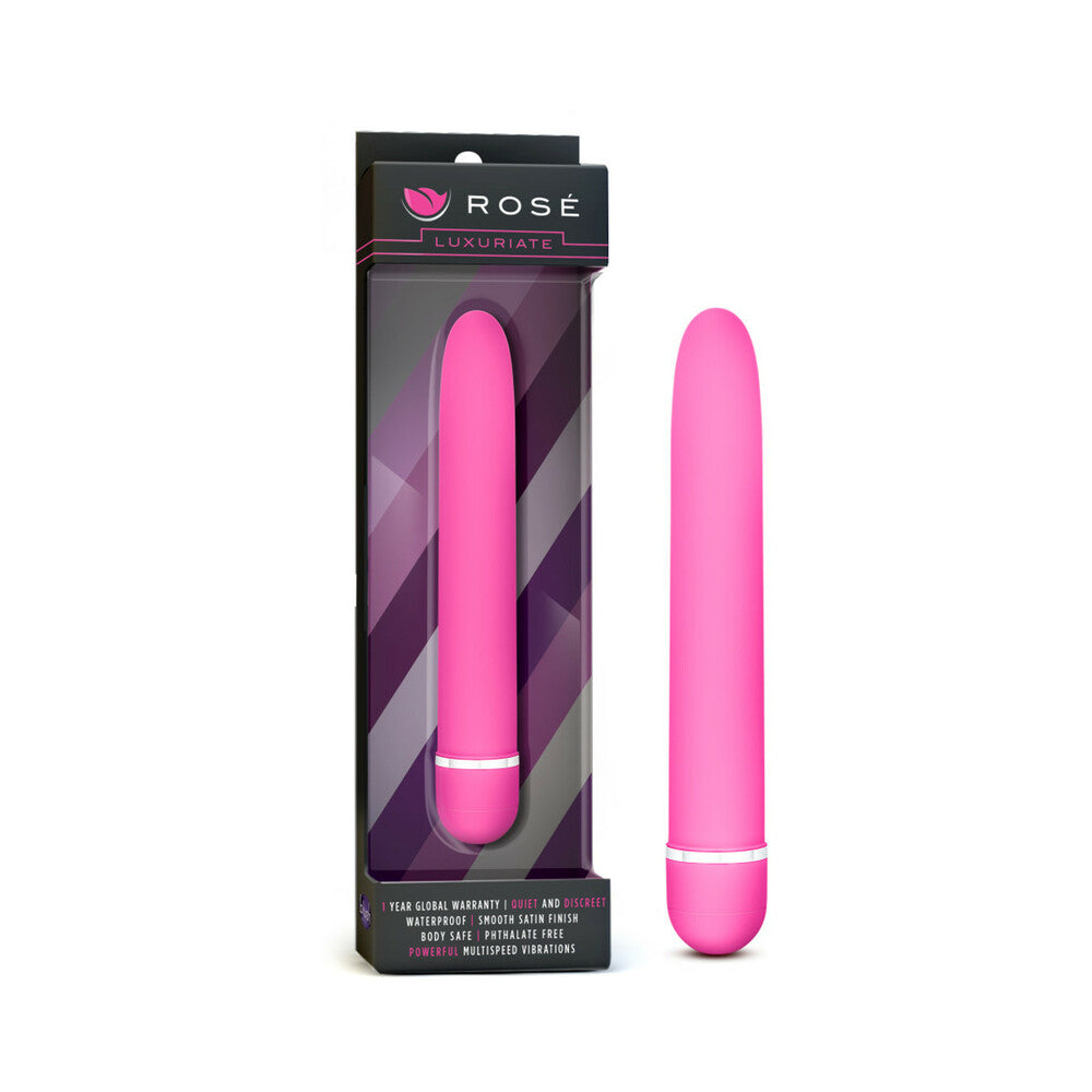 Rose Luxuriate Classic Slimline Vibrator Pink Blush Rose Luxuriate Classic Vibrator pink vibrator beside striped retail box