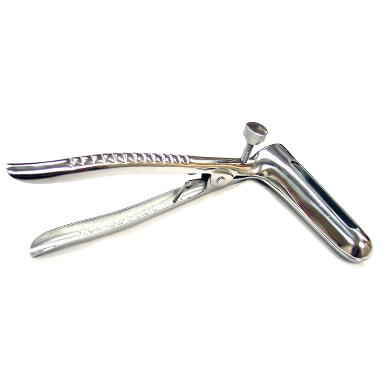 Stainless Steel Anal Speculum Rouge Garments Stainless Steel Anal Speculum polished hinged speculum in open side view