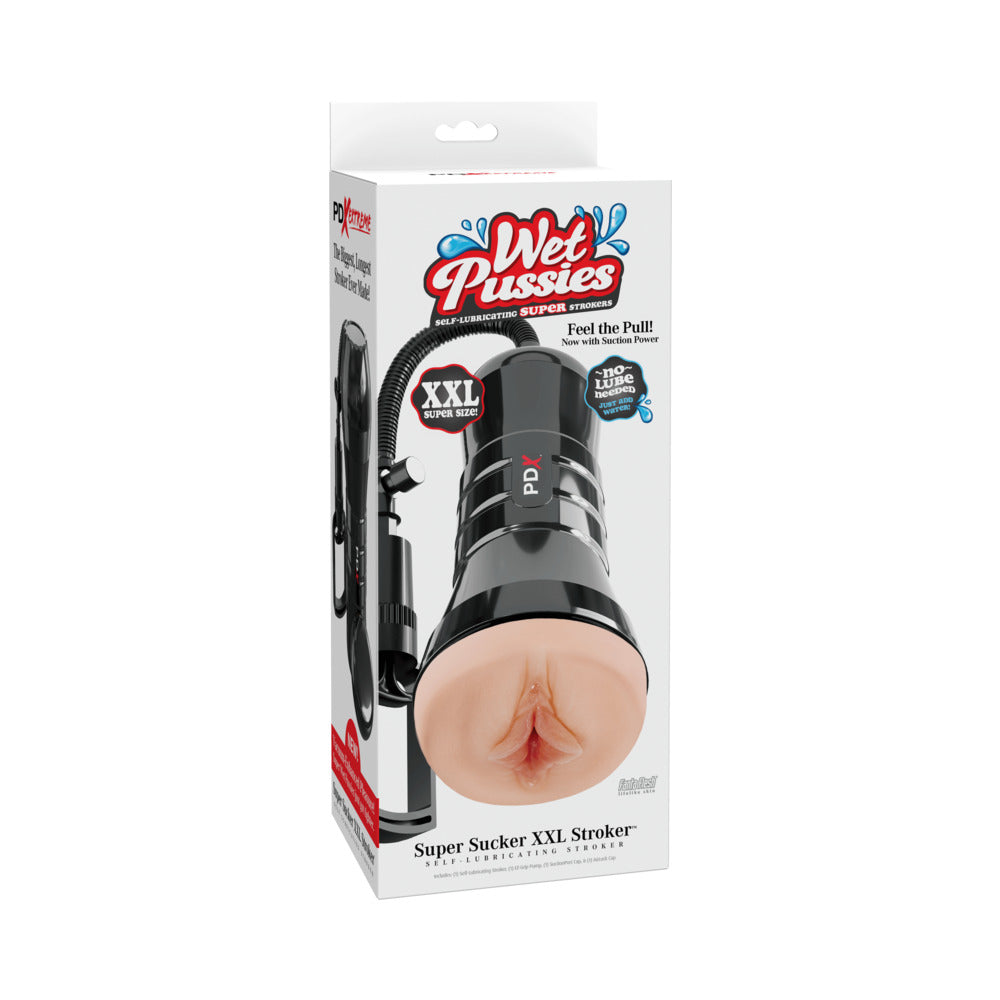 PDX Extreme Wet Pussies Super Sucker XXL Stroker Light Light-tone PDX Super Sucker XXL stroker in tall white package