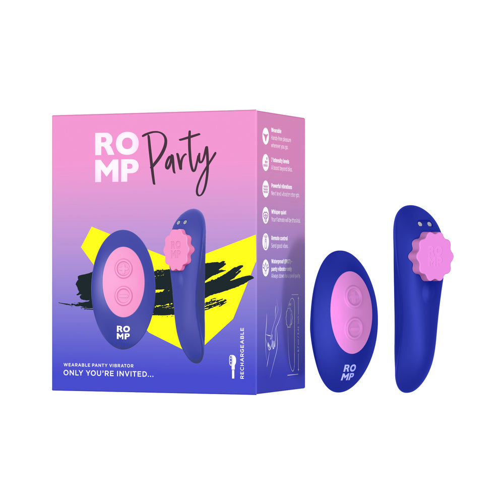 ROMP Party Purple purple ROMP Party wearable vibrator and oval remote beside gradient box