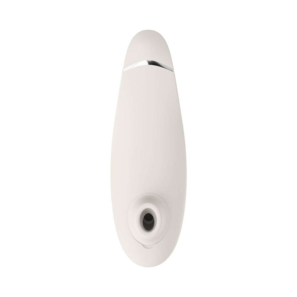Womanizer Premium 2 Rechargeable Silicone Luxurious Pleasure Air Clitoral Stimulator Warm Gray Front view of warm gray Womanizer Premium 2 with circular air opening
