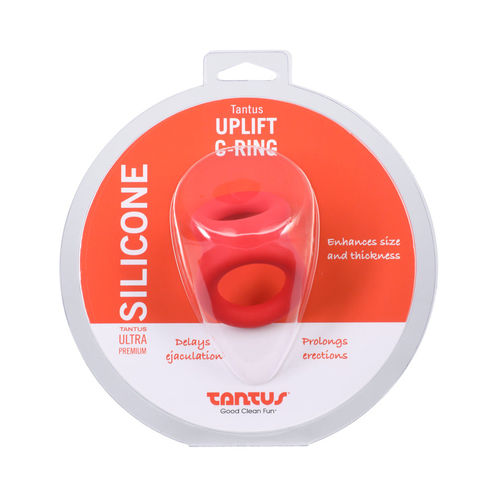 Tantus Uplift C-Ring Cock and Ball Sling Crimson Tantus Uplift Crimson silicone C-ring retail package