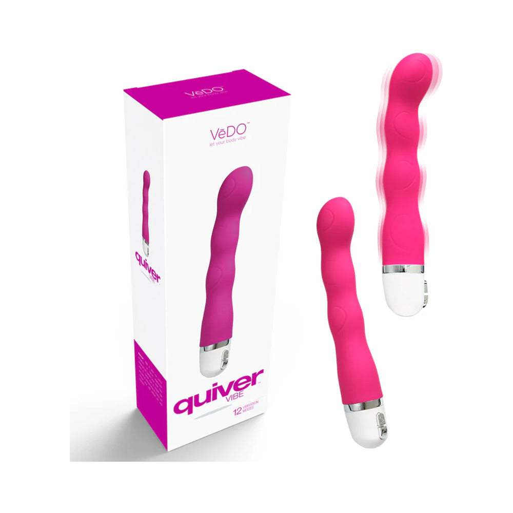 VeDO Quiver Mini Vibe Hot In Bed Pink VeDO Quiver Hot Pink Mini Vibrator with retail box and product views