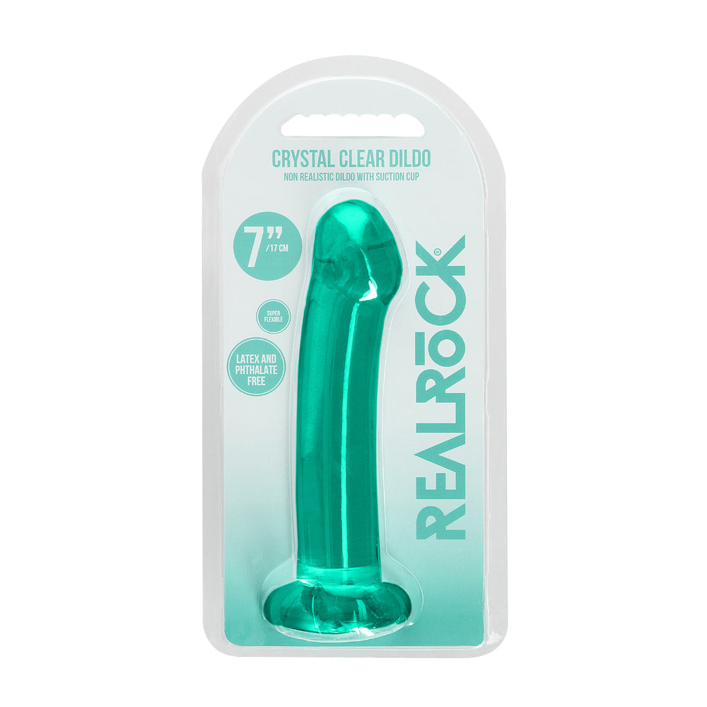 RealRock Crystal Clear Non-Realistic 7 in. Dildo With Suction Cup Turquoise Turquoise RealRock curved 7-inch dildo in retail pack