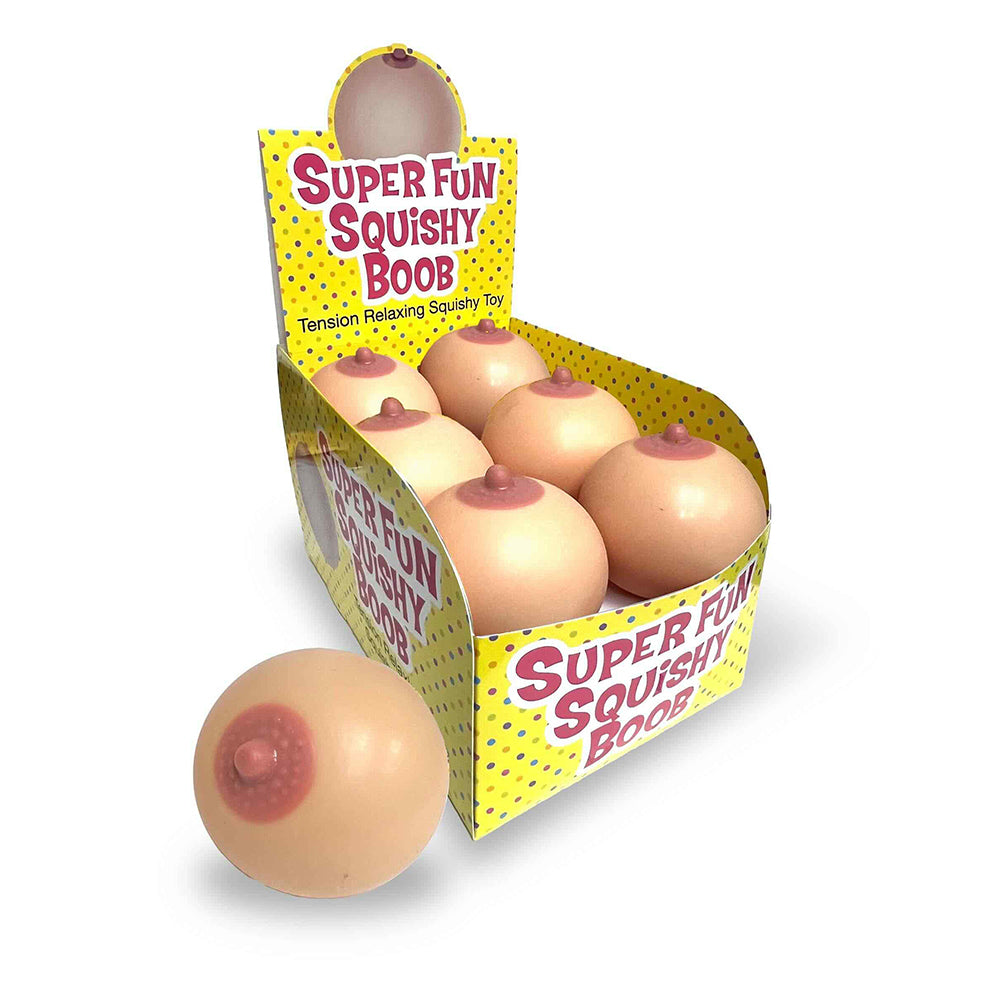 Stress Boobie 12-Piece Display yellow polka-dot display box holding 12 flesh-tone Stress Boobie pieces