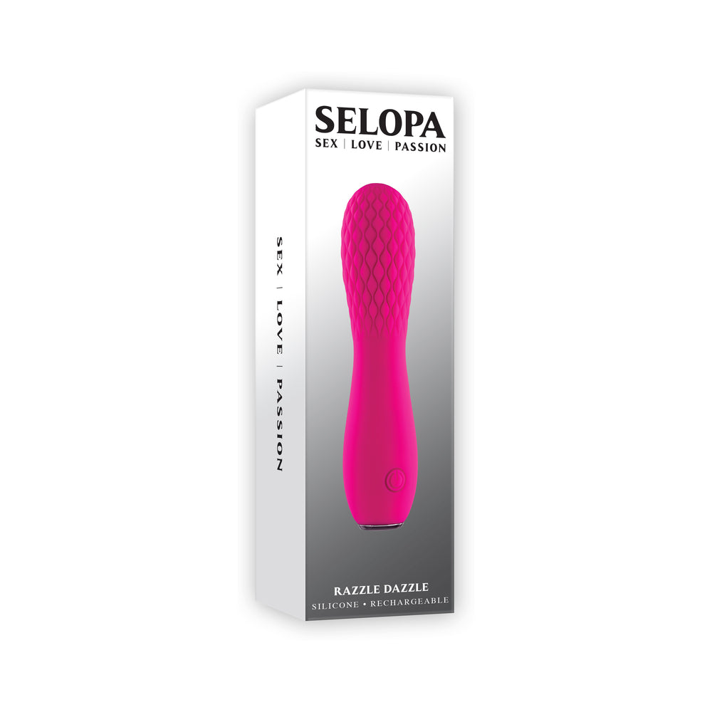 Selopa Razzle Dazzle Rechargeable Vibe Silicone Pink Selopa Razzle Dazzle retail box with bright pink mini vibrator