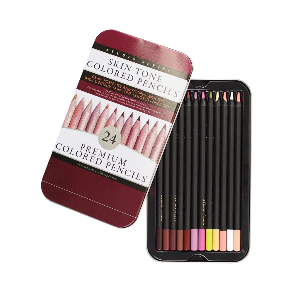 Skin Tone Colored Pencils 24-Pack open burgundy tin holding 24 skin-tone colored pencils beside printed sleeve