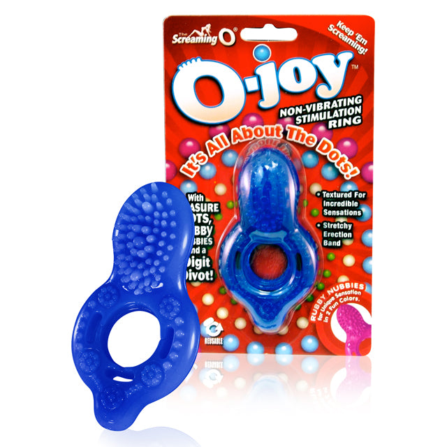 Screaming O O-joy Cock Ring Blue Blue Screaming O O-Joy textured ring mounted on red retail card