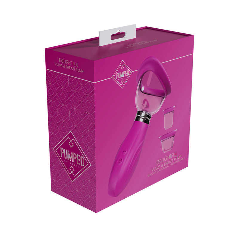 Pumped Delightful Automatic Rechargeable Vulva & Breast Pump Pink pink Shots Pumped Delightful vacuum pump pictured on magenta box