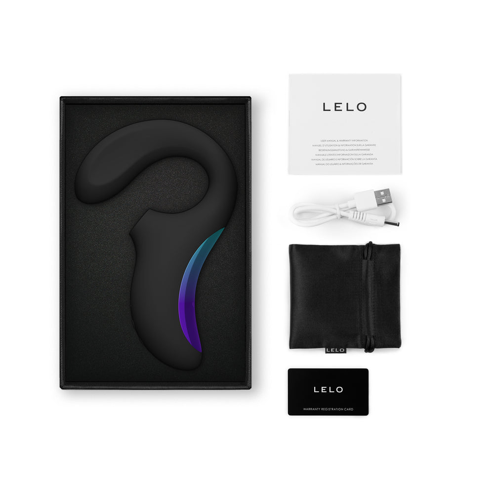 LELO Enigma Wave Suction Dual Stimulator Black black LELO Enigma Wave in open box with white cable and black storage pouch