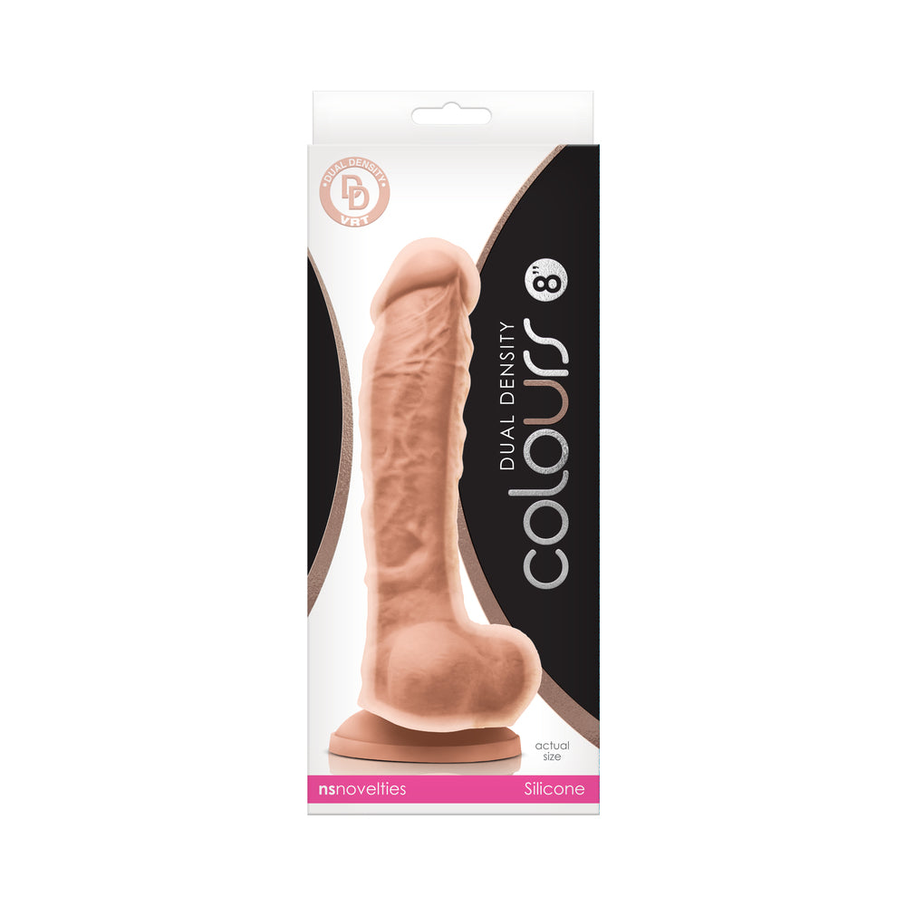 Colours Dual Density 8 in. Dildo Beige NS Novelties Colours beige 8-inch dildo white-and-black retail package with sculpted shaft visible