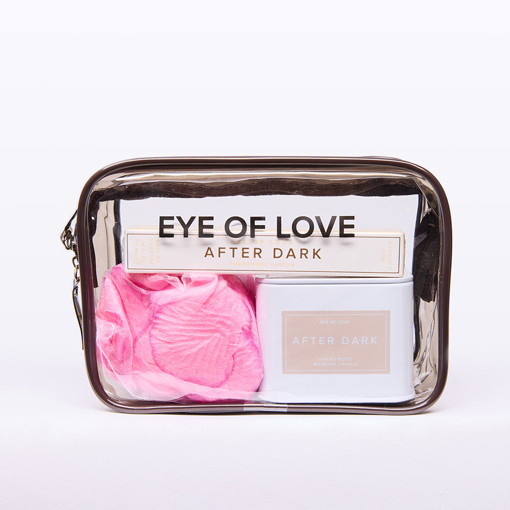 Eye of Love Love in Transit After Dark Attract Him Pheromone Gift Set Eye of Love After Dark gift set roll-on, candle and pink petals inside clear pouch