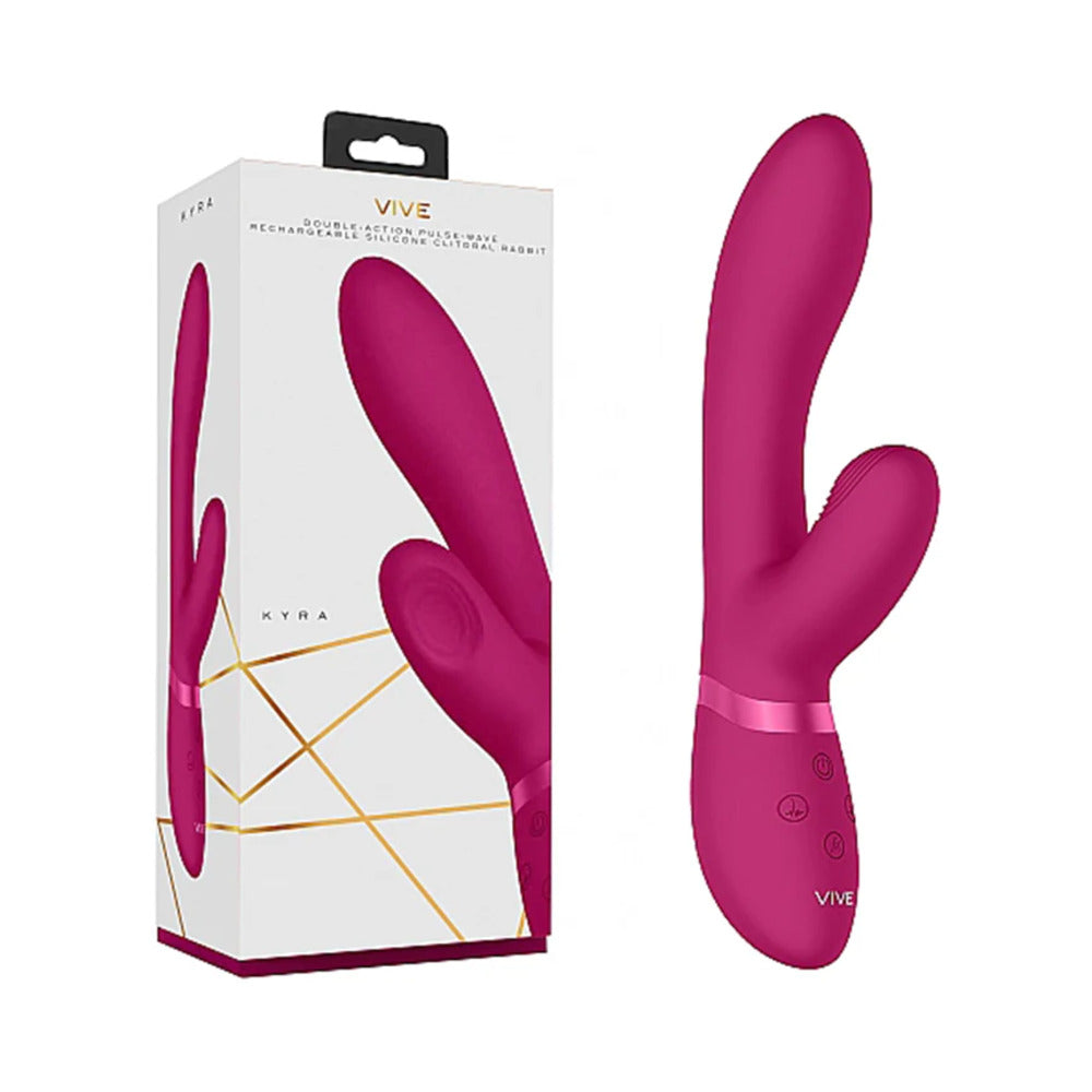 VIVE KYRA Rechargeable Pulse-Wave Silicone Rabbit Vibrator Pink Pink VIVE Kyra rabbit vibrator beside white and gold retail box