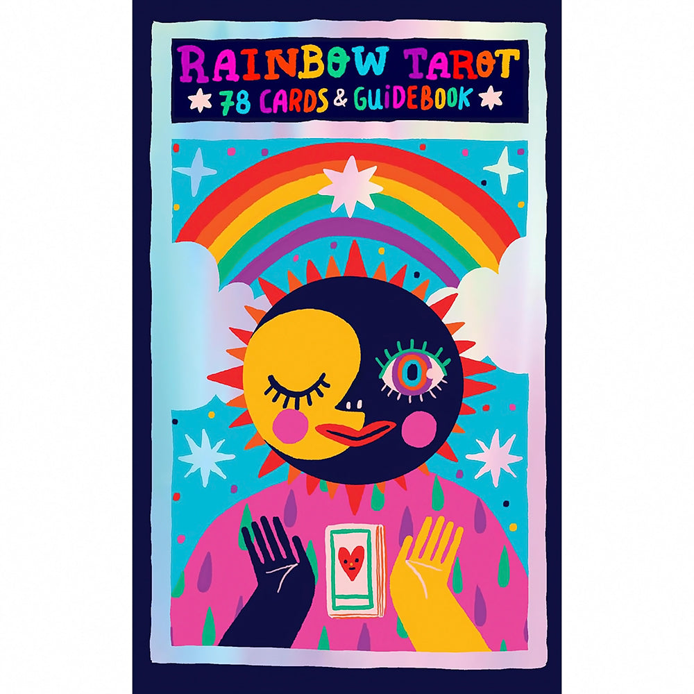 Rainbow Tarot: 78 Cards & Guidebook Rainbow Tarot 78-card deck and guidebook navy-framed cover with rainbow and celestial face artwork