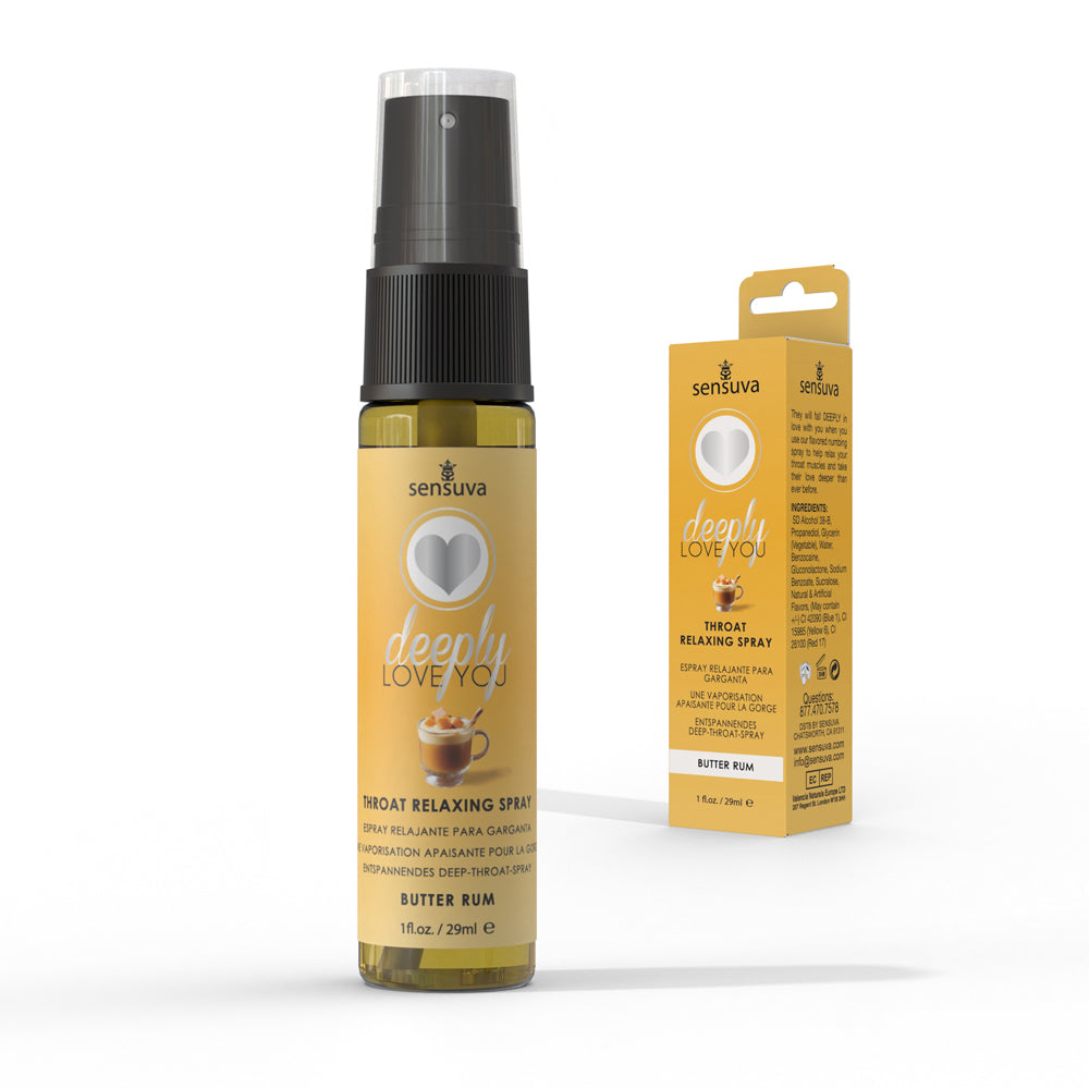 Sensuva Deeply Love You Throat Relaxing Spray Butter Rum 1 oz. Sensuva Deeply Love You Butter Rum spray bottle beside yellow carton