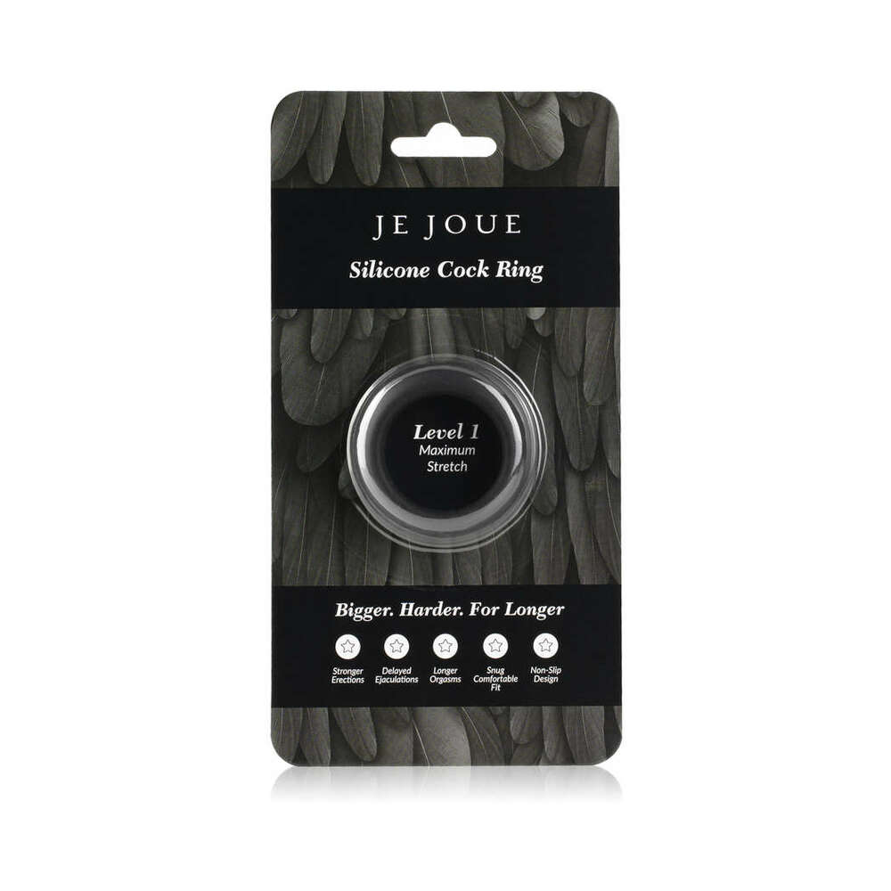 Je Joue Silicone Ring Maximum Stretch Black Front package view of black Level 1 silicone cock ring