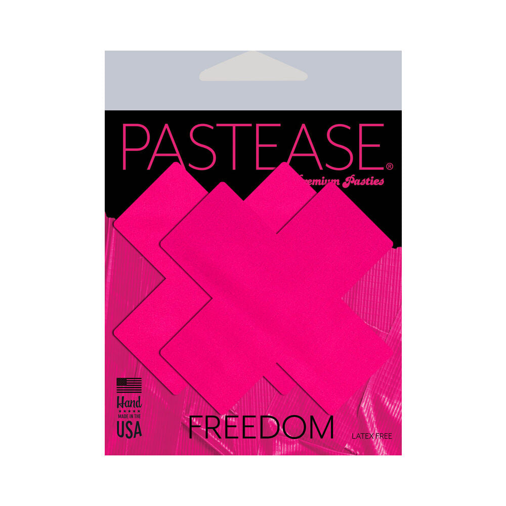 Pastease Plus X: Neon Pink Day-Glow Lycra Cross Nipple Pasties Pastease neon-pink Plus X cross pasties package