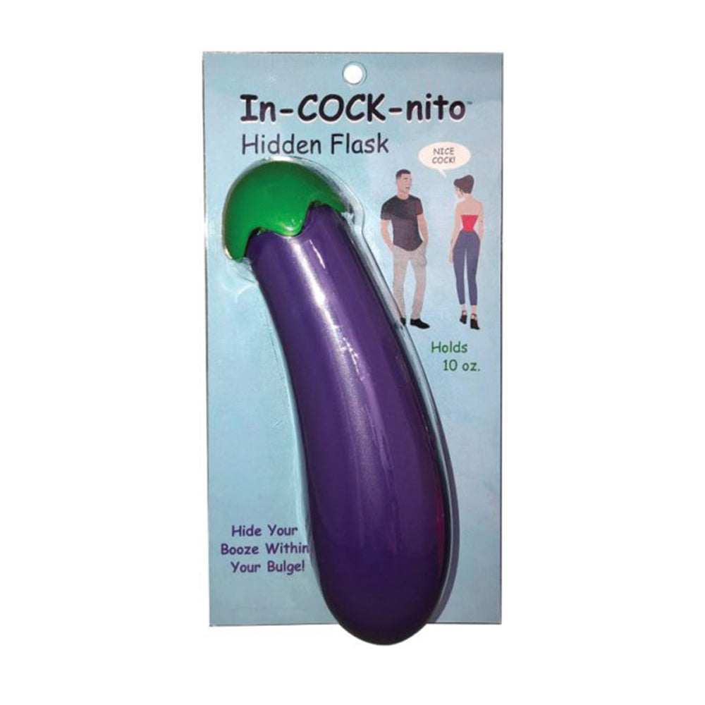 In-COCK-Nito Flask Purple In-COCK-Nito flask with green cap on blue card package