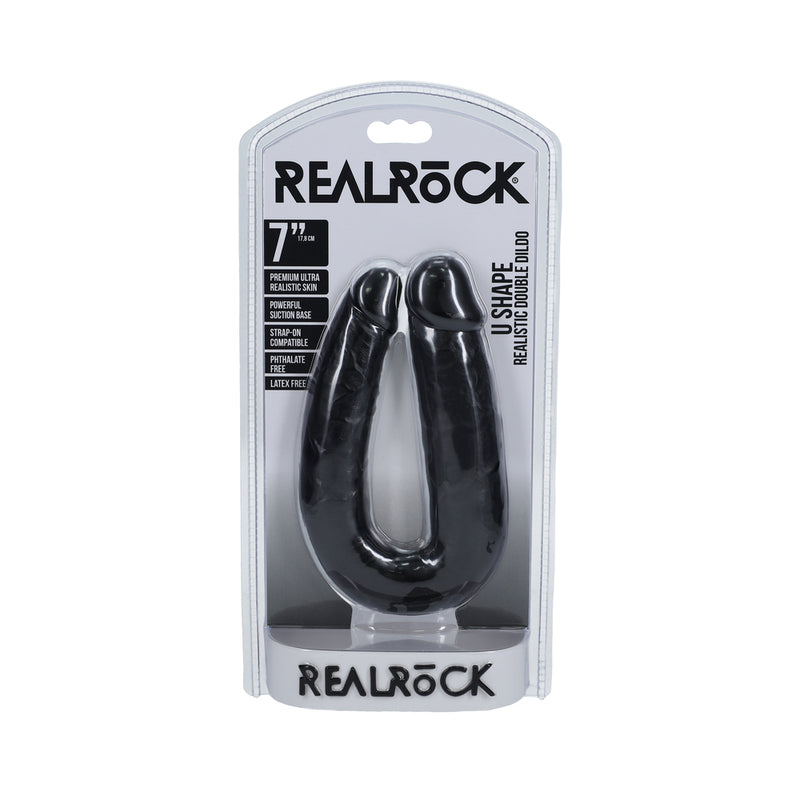 RealRock 7 in. U-Shaped Double Dildo Black black U-shaped RealRock double dildo in clear hanging retail clamshell