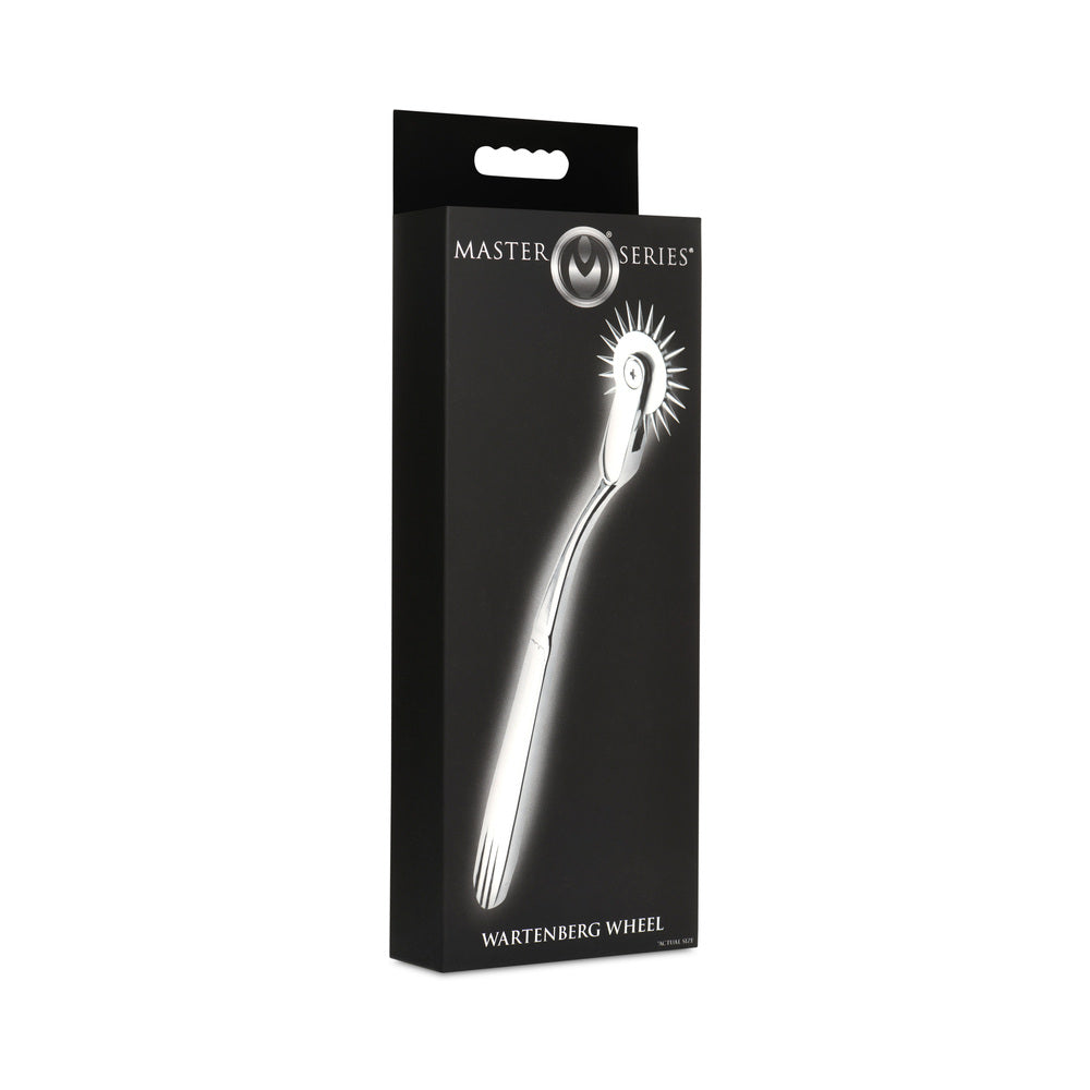 Master Series Silver Sensation Wartenberg Wheel Master Series Silver Sensation Wartenberg wheel with curved silver handle beside matte-black retail box