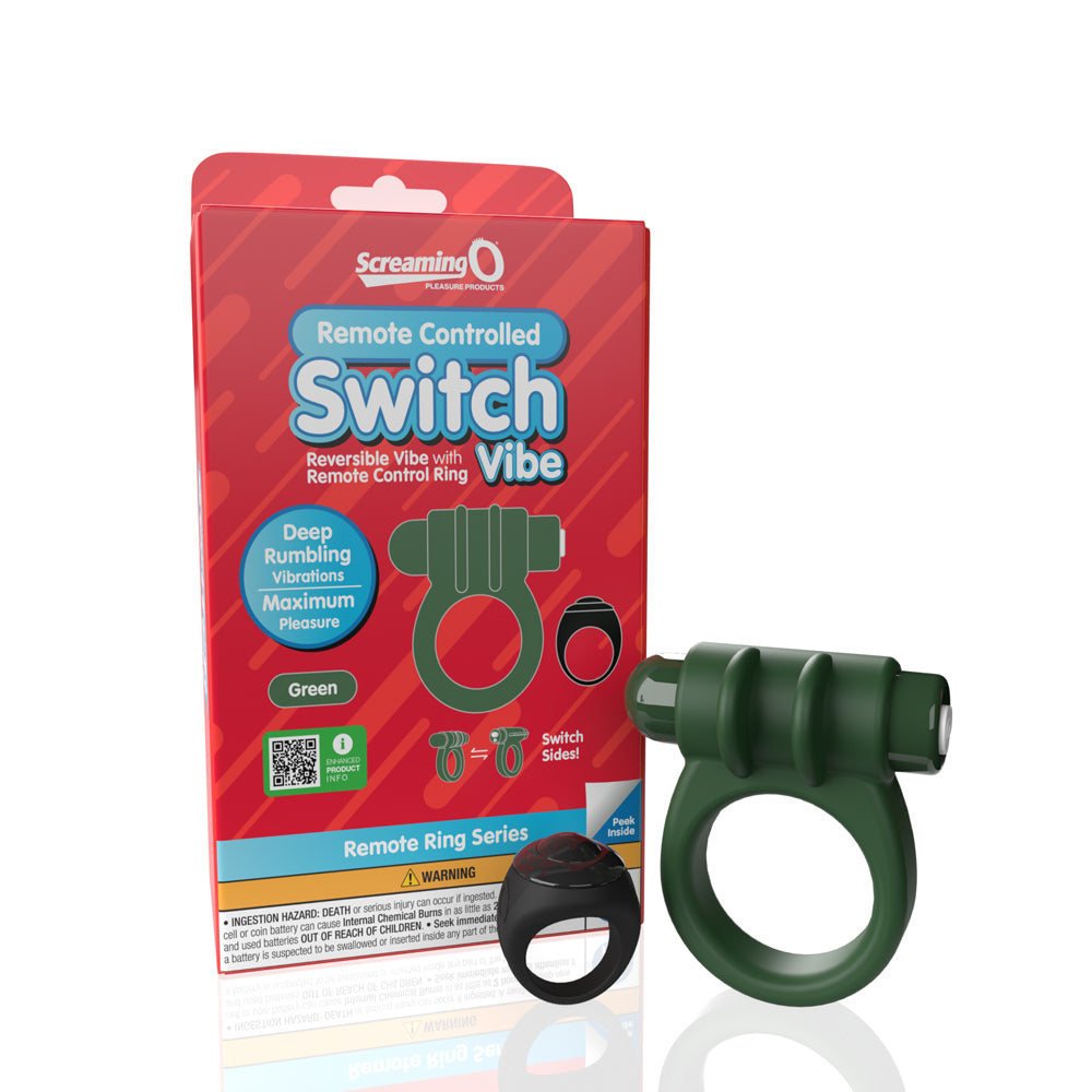 Screaming O Remote Controlled Switch Vibrating Ring Green green Screaming O Switch vibrating ring and black remote in front of red box