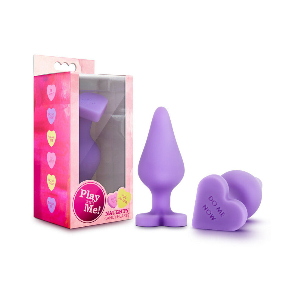 Play with Me Naughty Candy Hearts ''Do Me Now'' Anal Plug Purple Naughty Candy Hearts Do Me Now purple plug and heart base beside package