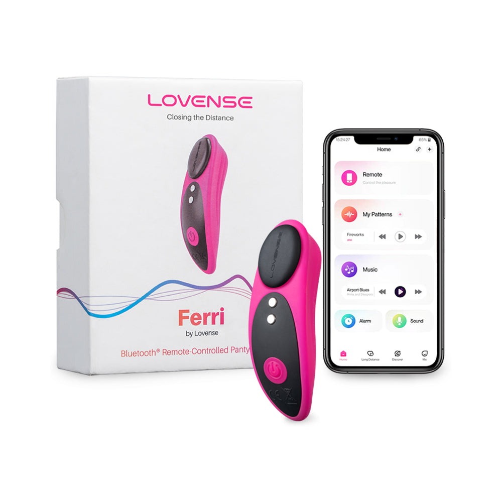 Lovense Ferri Bluetooth Remote-Controlled Panty Vibrator Pink and black Lovense Ferri with box and Remote app screen