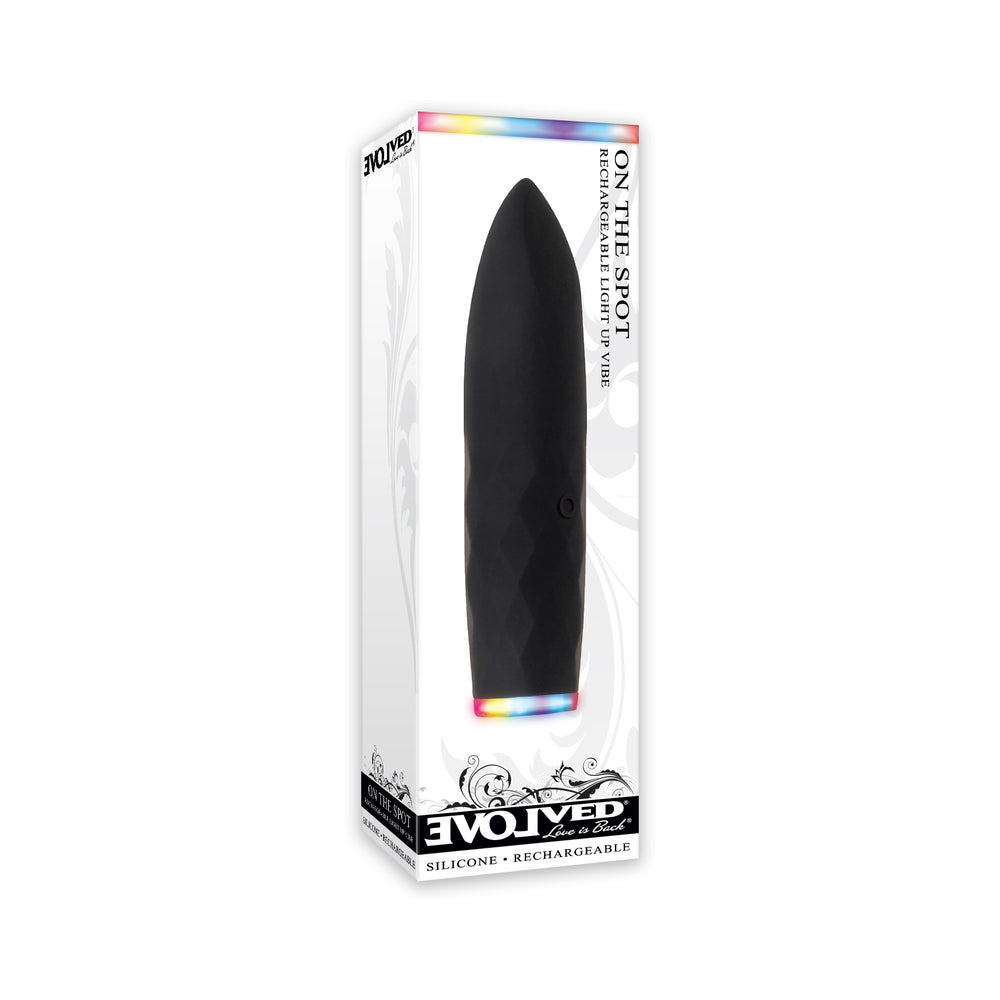 Evolved On The Spot Light-Up Rechargeable Silicone Bullet Vibrator Black Black Evolved On The Spot bullet vibrator inside tall white retail box