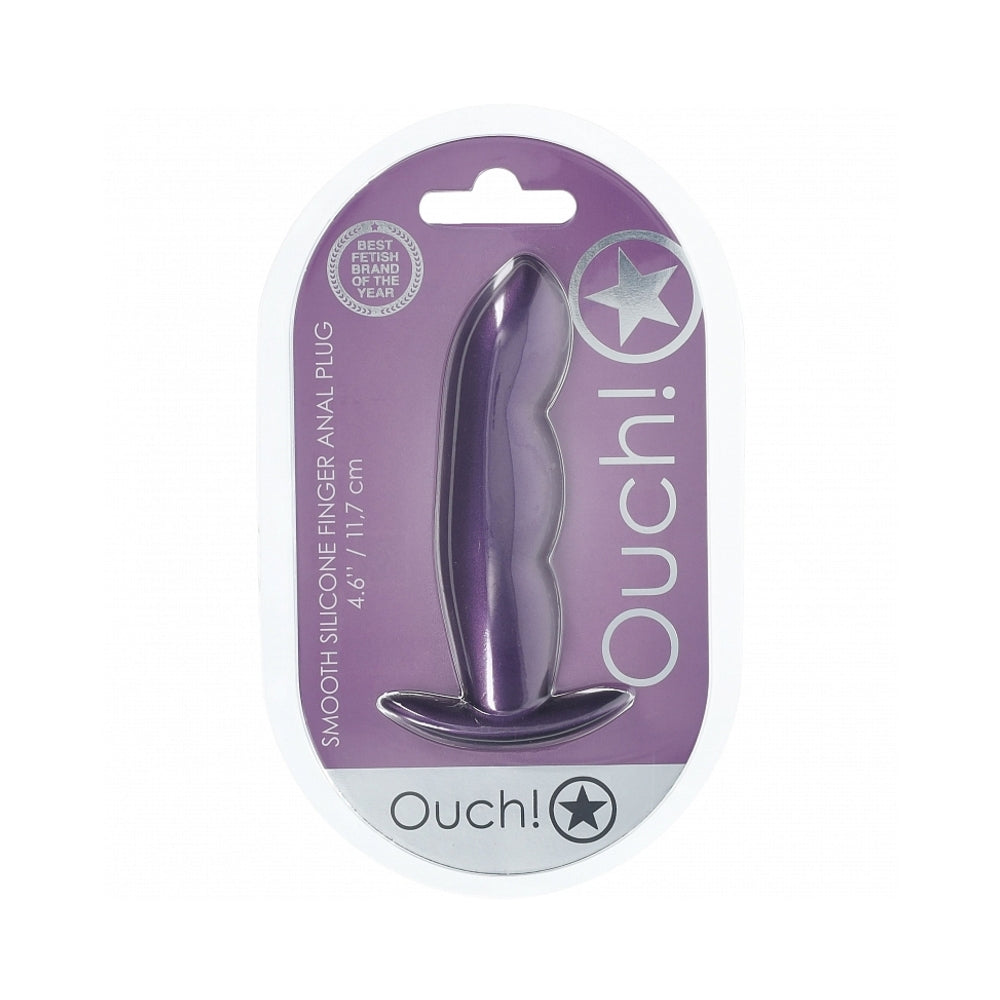 Ouch! Smooth Silicone Finger Anal Plug 4.6 in. Metallic Purple Shots Ouch metallic-purple finger silicone plug plug sealed in purple oval blister pack