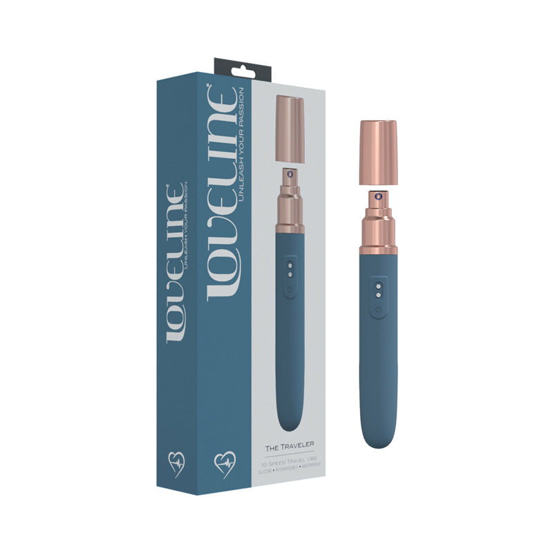 LoveLine The Traveler 10 Speed Travel Vibe Silicone Rechargeable Waterproof Blue/Grey blue LoveLine Traveler slim vibrator with rose-gold cap beside box