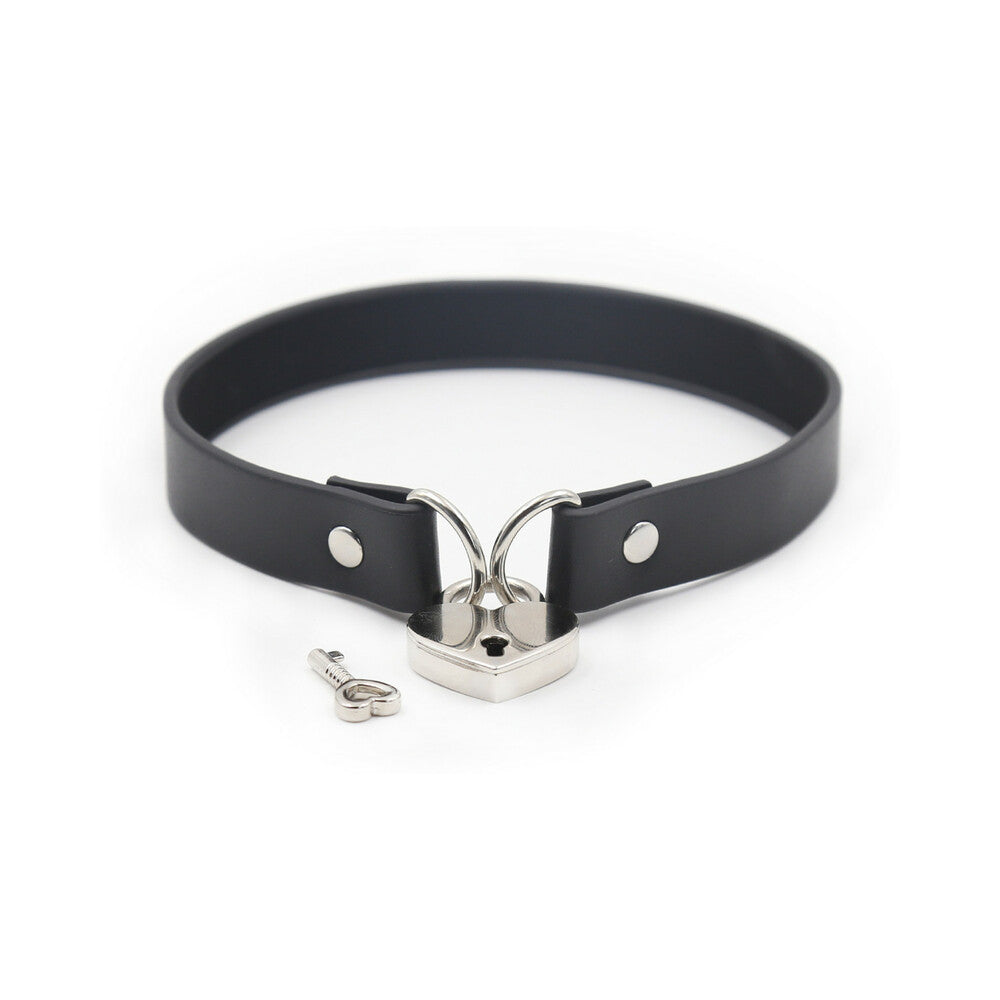 Ple''sur PVC Collar With Heart Lock & Key Black Bag Packaging Black PVC collar fastened with heart lock and matching key