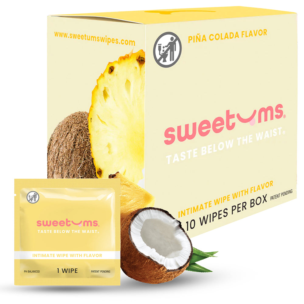 Sweetums Intimate Wipes Pina Colada Flavor 10-Pack Sweetums Pina Colada intimate wipes box, single packet and pina colada artwork