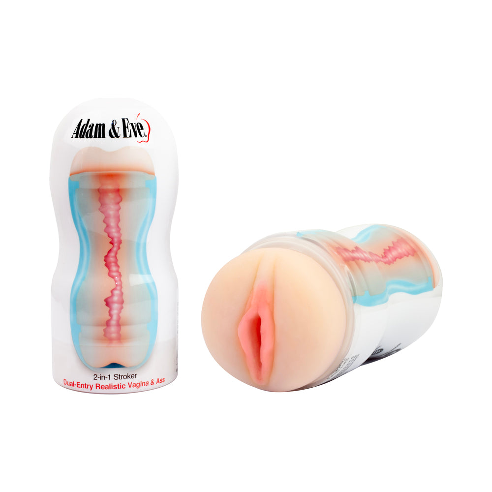 Adam & Eve 2-in-1 Stroker Adam & Eve 2-in-1 Stroker shown upright and horizontally with clear case