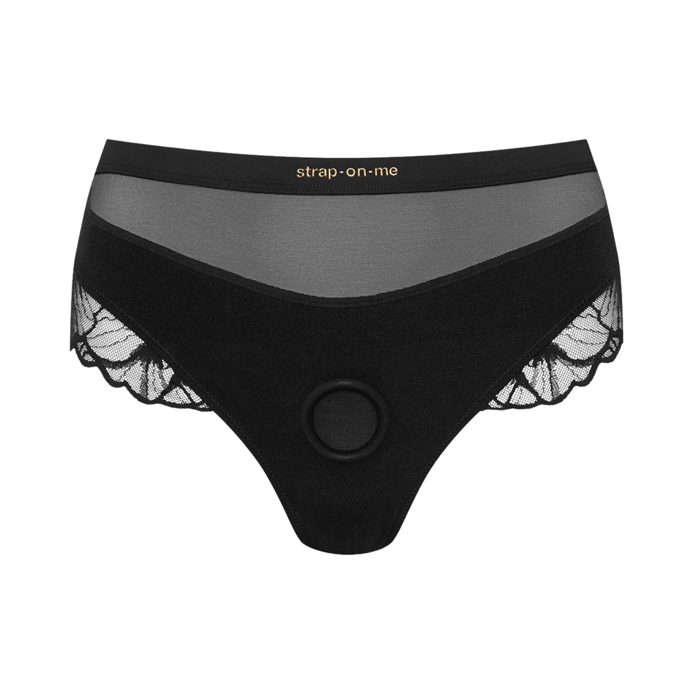 Strap-On-Me Harness Lingerie Sublime XL Black Strap-On-Me Sublime black lace harness size XL flat front view with sheer V waistband and circular opening