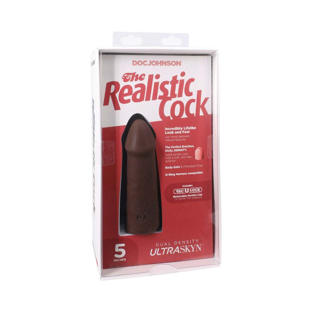 The Realistic Cock 5 in. ULTRASKYN Vac-U-Lock Dildo Chocolate 5-inch chocolate Realistic Cock ULTRASKYN dildo inside red clear-front package