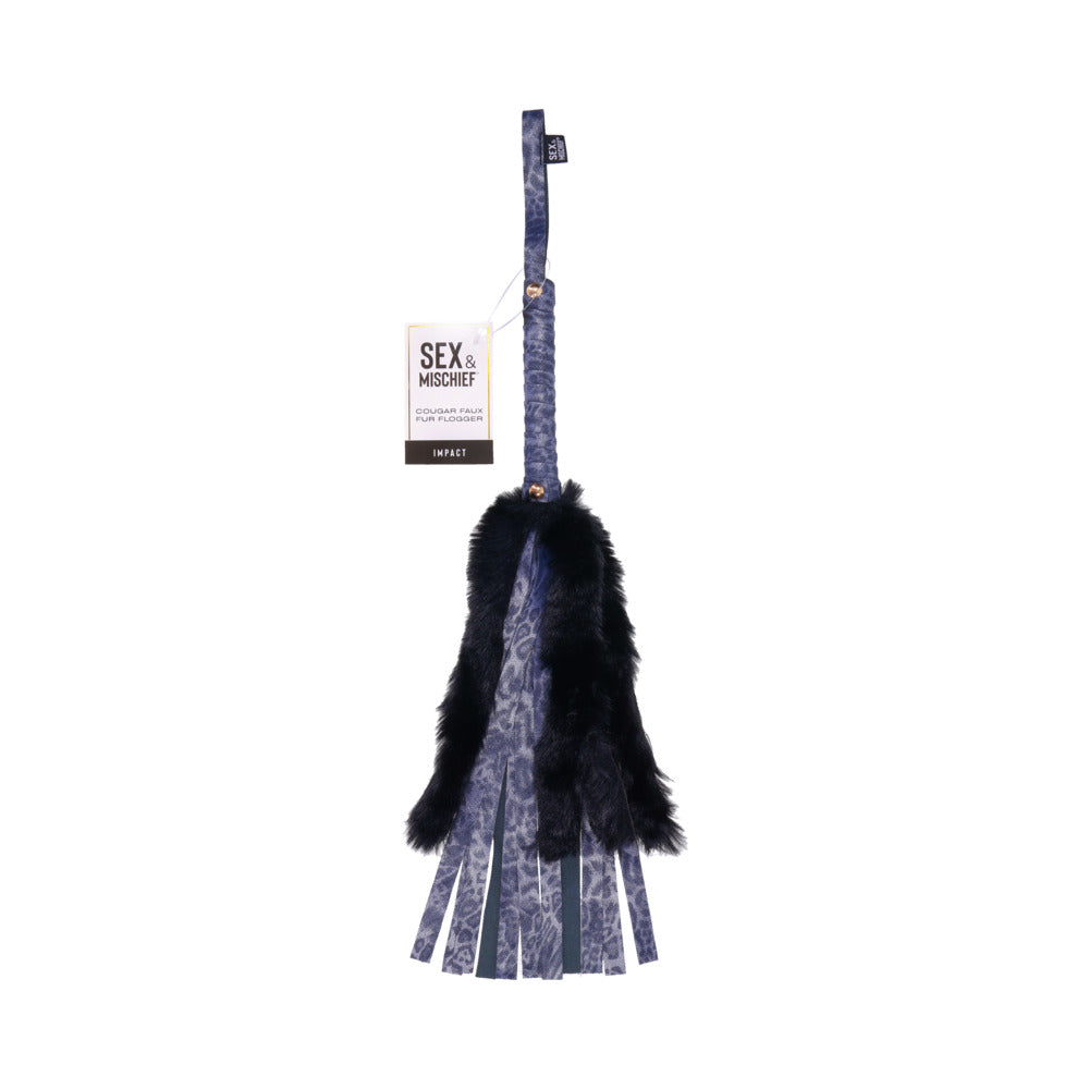 Sportsheets Sex & Mischief Cougar Faux Fur Flogger Sportsheets Cougar blue faux-fur flogger hanging handle with fur collar and patterned falls