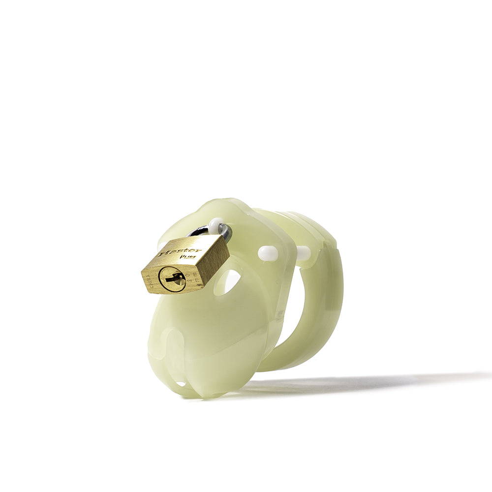 CB-X Glow-in-the-Dark Mini-Me Chastity Cage Kit Compact glow-in-the-dark CB-X Mini-Me cage with rings and brass padlock