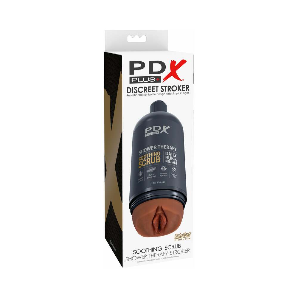 PDX Plus Shower Therapy Soothing Scrub Brown brown PDX Soothing Scrub bottle-style stroker pictured in white box