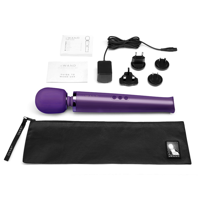Le Wand Rechargeable Vibrating Massager Purple Le Wand purple rechargeable massager rounded head wand with black pouch and charging accessories