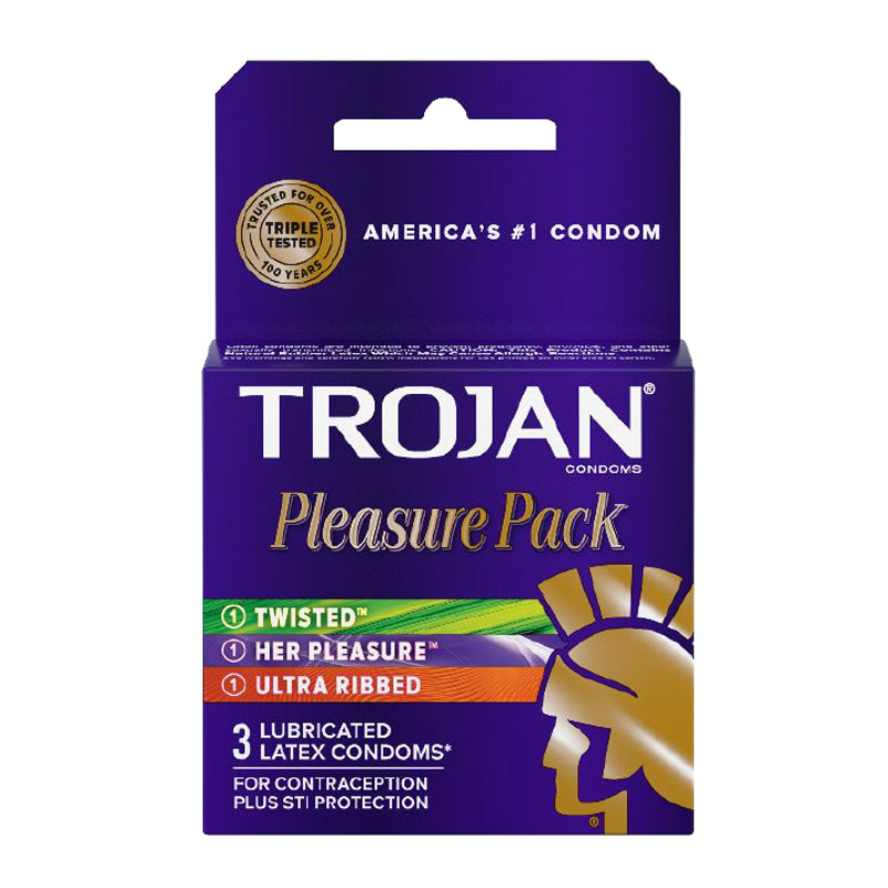 Trojan Pleasure Pack 3-Pack Purple Trojan Pleasure Pack box containing three condom styles