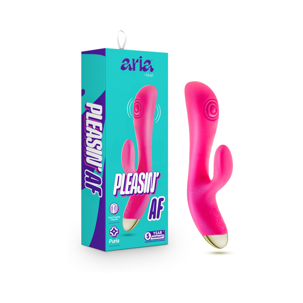 Aria Pleasin'' AF Fuchsia fuchsia Aria Pleasin AF rabbit vibrator beside turquoise retail box